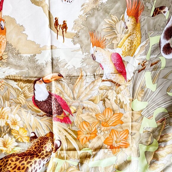 Salvatore Ferragamo Panther Parrot Print Scarf Silk Hand Rolled - Picture 5 of 10
